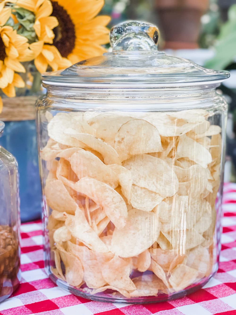 glass jar with potato chips with lid
