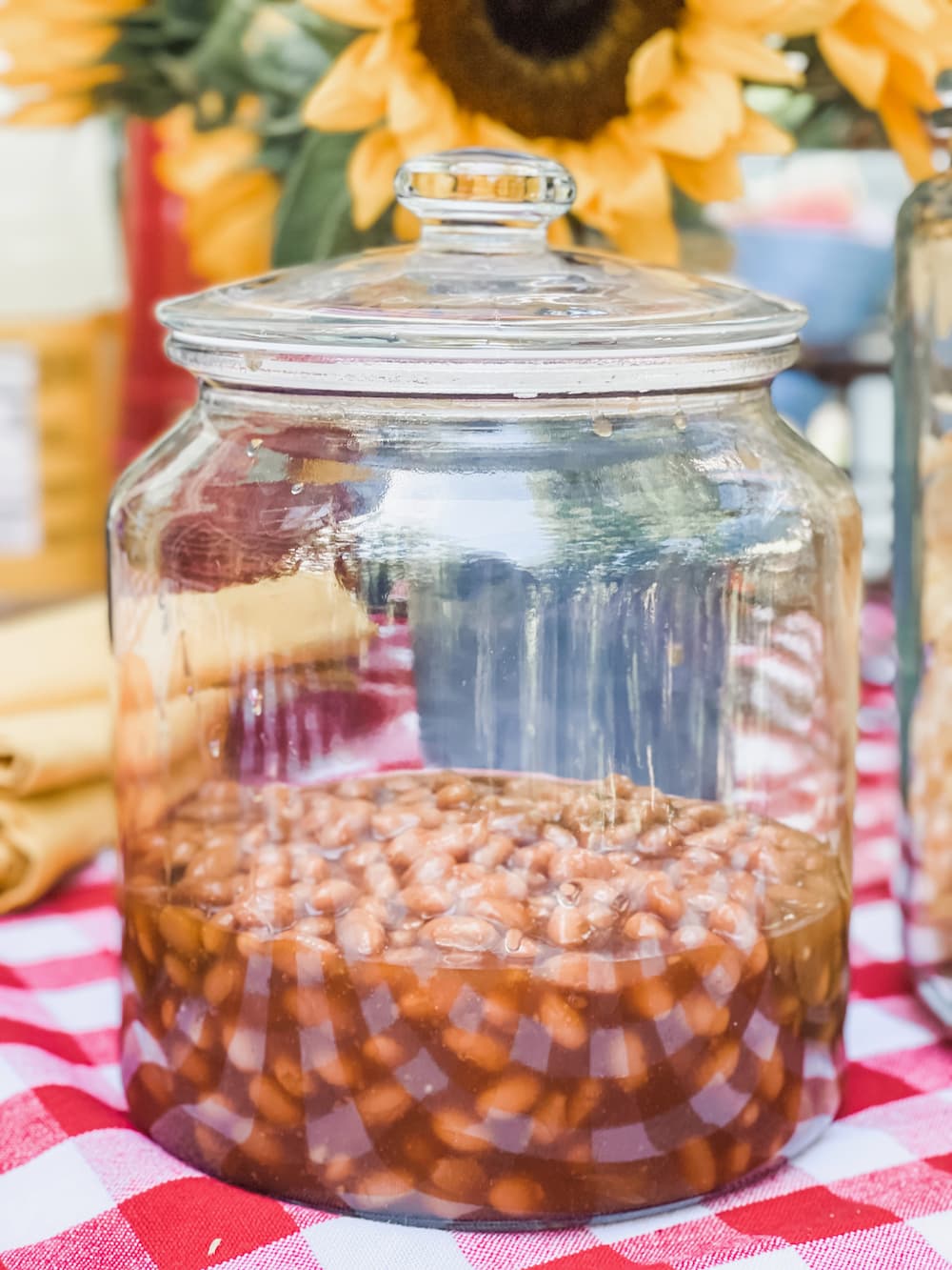 glass jar with baked beans and lid