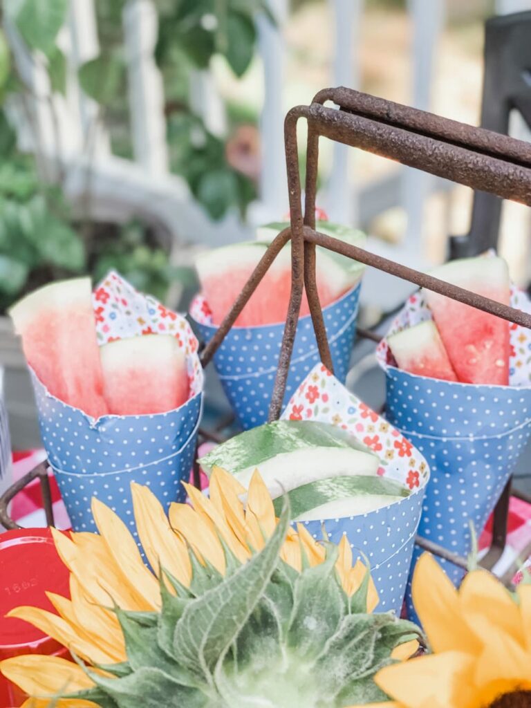 WATERMELON SLICED AND IN PAPER CONES