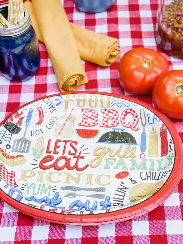 brightly covered bbq paper plate