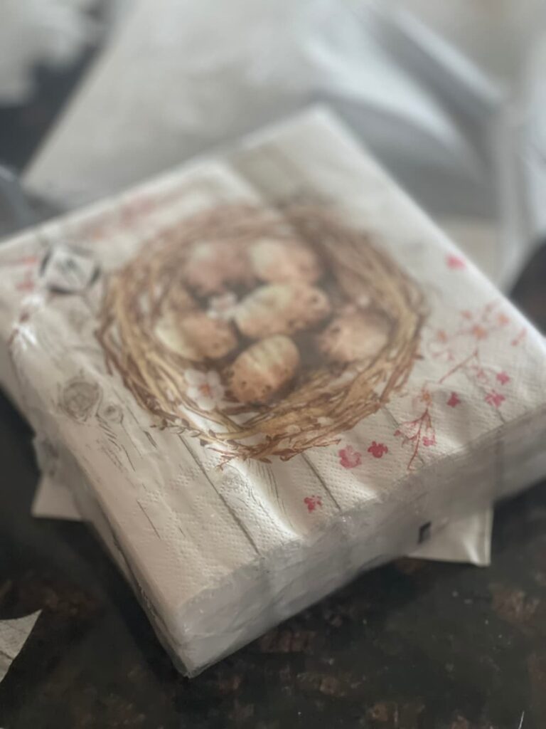 A PACKAGE OF NAPKINS WITH A BIRDS NEST ON THEM