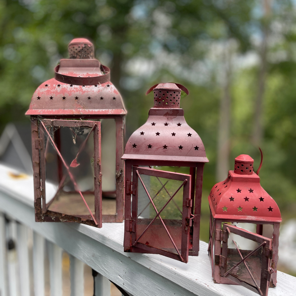 3 OLD RUSTY RED LANTERNS ON DECK